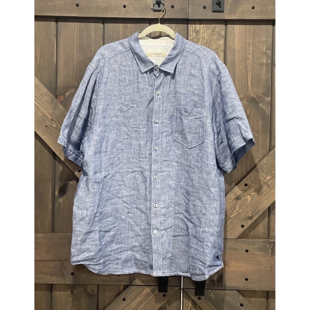Tommy Bahama Linen Button‎ Up Shirt Light Blue Wash Short Sleeve Mens XL